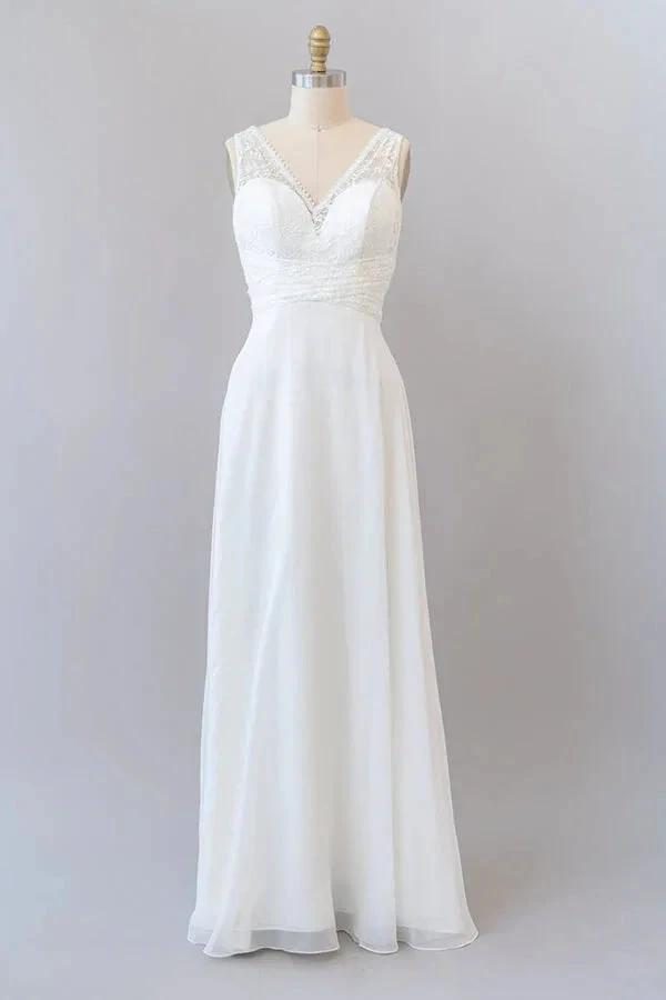 Long Empire A-line V-neck Lace Chiffon Open Back Wedding Dress