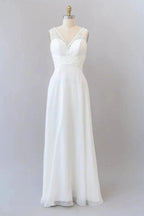 Long Empire A-line V-neck Lace Chiffon Open Back Wedding Dress