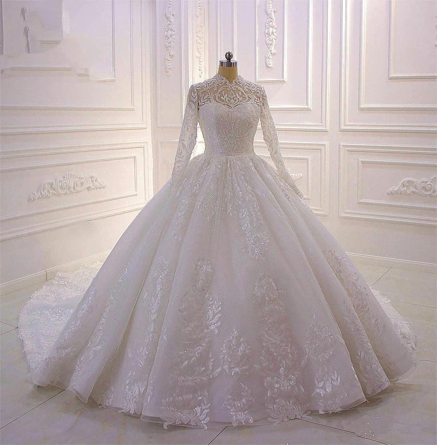 Long High neck Appliques Lace Ball Gown Wedding Dress with Sleeves