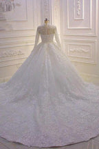 Long High neck Appliques Lace Ball Gown Wedding Dress with Sleeves