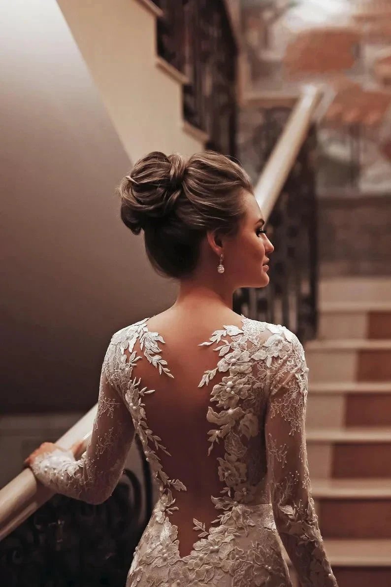 Long Mermaid High Neck Appliques Lace Backless Wedding Dress with Sleeves