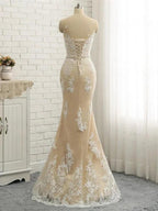 Long Mermaid Jewel Neck Chapel Train Tulle Lace Wedding Dresses