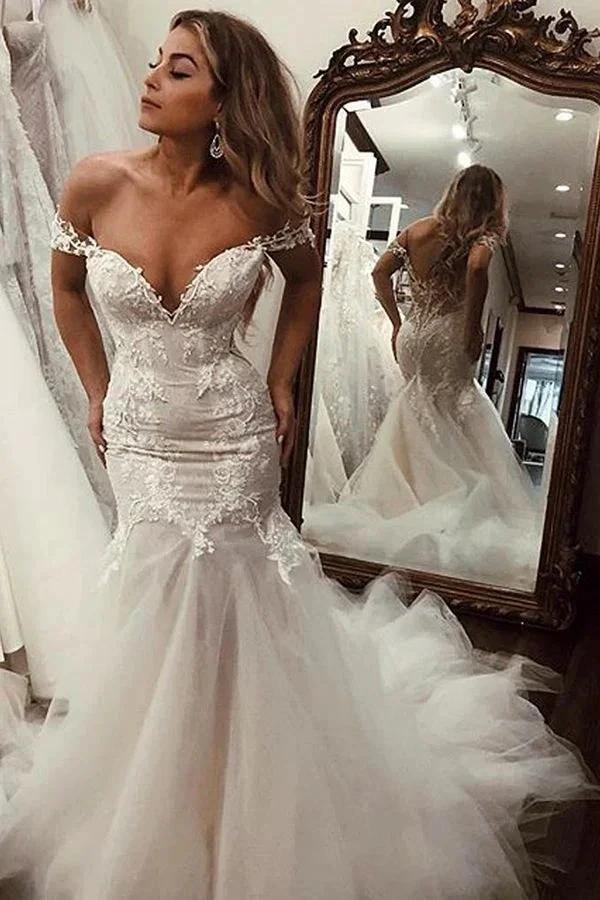 Long Mermaid Off the Shoulder Lace Backless Wedding Dresses