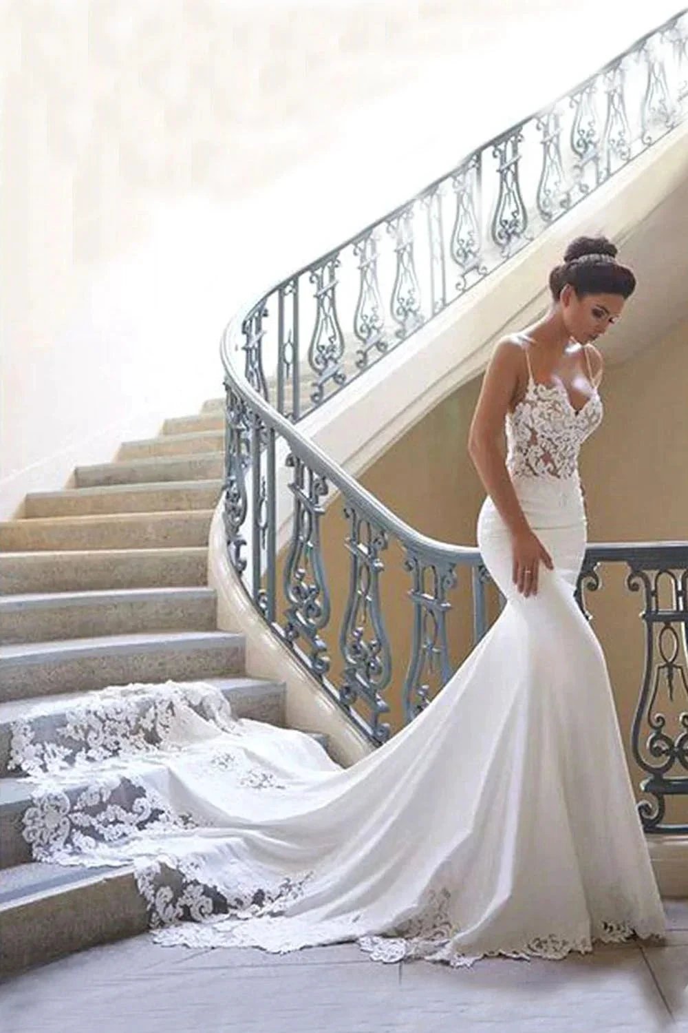 Long Mermaid Spaghetti Strap Lace Backless Wedding Dress