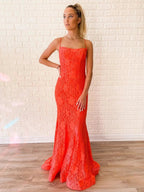 Long Mermaid Spaghetti Straps Lace Open Back Formal Prom Dress