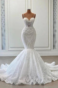 Long Mermaid Sweetheart Spaghetti Straps Tulle Beading Wedding Dress with Ruffles