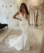 Long Mermaid V-neck Appliques Lace Satin Backless Wedding Dress