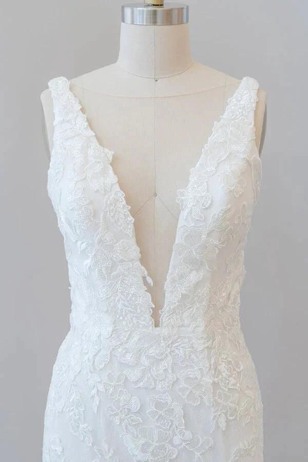 Long Mermaid V-neck Appliques Tulle Lace Wedding Dress