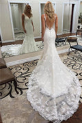 Long Mermaid V Neck Backless Applique Lace Charpel Train Wedding Dresses
