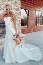 Long Mermaid V-neck Spaghetti Straps Appliques Lace Wedding Dress