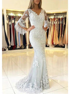 Long Mermaid V Neck Sweep Brush Train Lace Tulle Prom Dress with Sleeves
