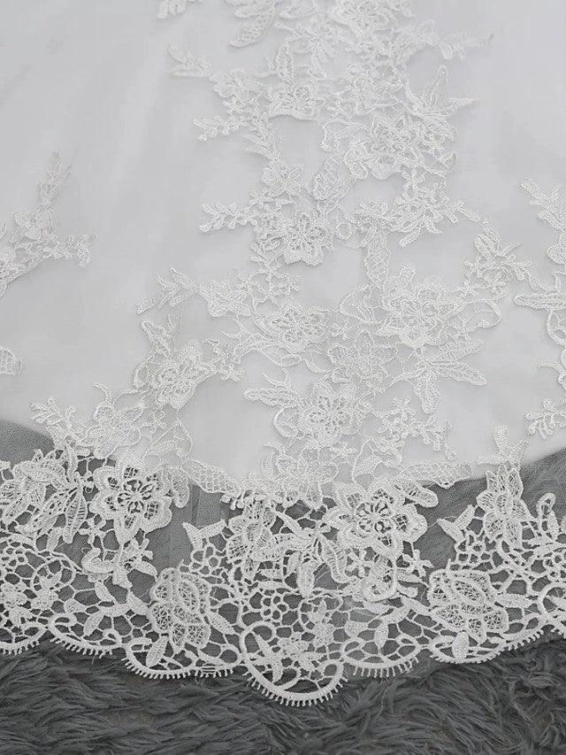 Long Mermaid V Neck Tulle Lace Backless Wedding Dresses with Cap Sleeves