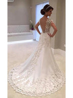 Long Mermaid V Neck Tulle Lace Backless Wedding Dresses with Cap Sleeves