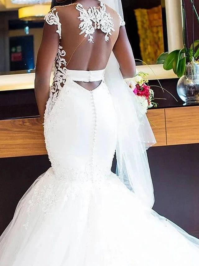 Long Mermaid V Neck Tulle Lace Chapel Train Backless Wedding Dresses
