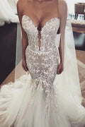 Long Mermaid V-neck Tulle Lace Wedding Dresses