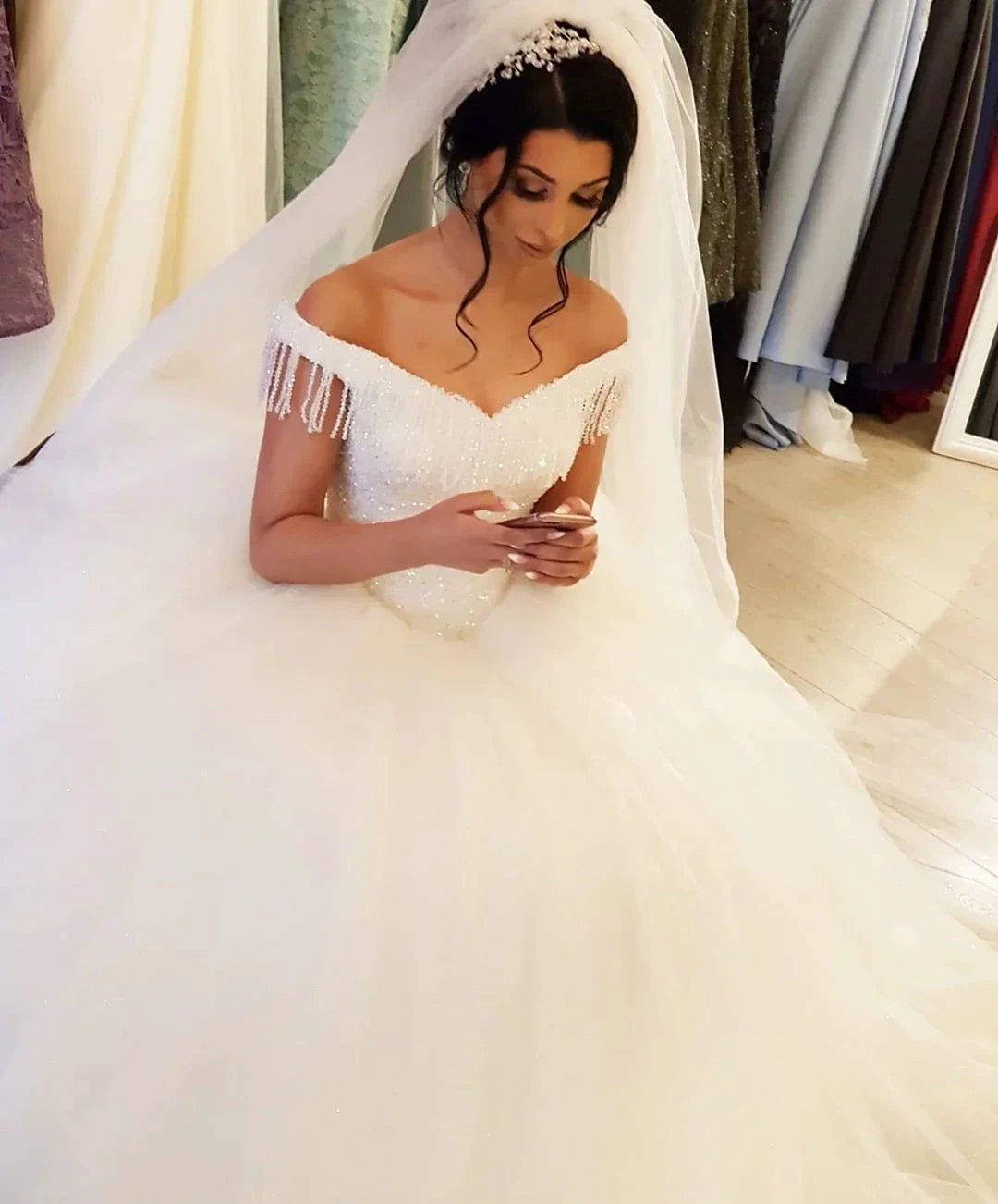 Long Princess Off-the-shoulder Beading Backless Tulle Wedding Dress With Tassel