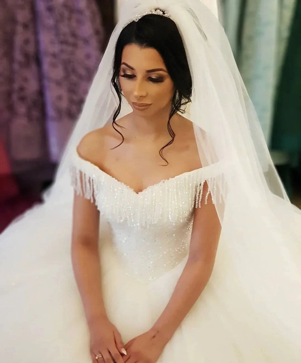 Long Princess Off-the-shoulder Beading Backless Tulle Wedding Dress With Tassel