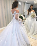 Long Princess Off-the-shoulder Tulle Wedding Dress with Bubble Sleeves