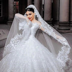 Long Princess Tulle Beads Appliques Lace Wedding Dress with Sleeves