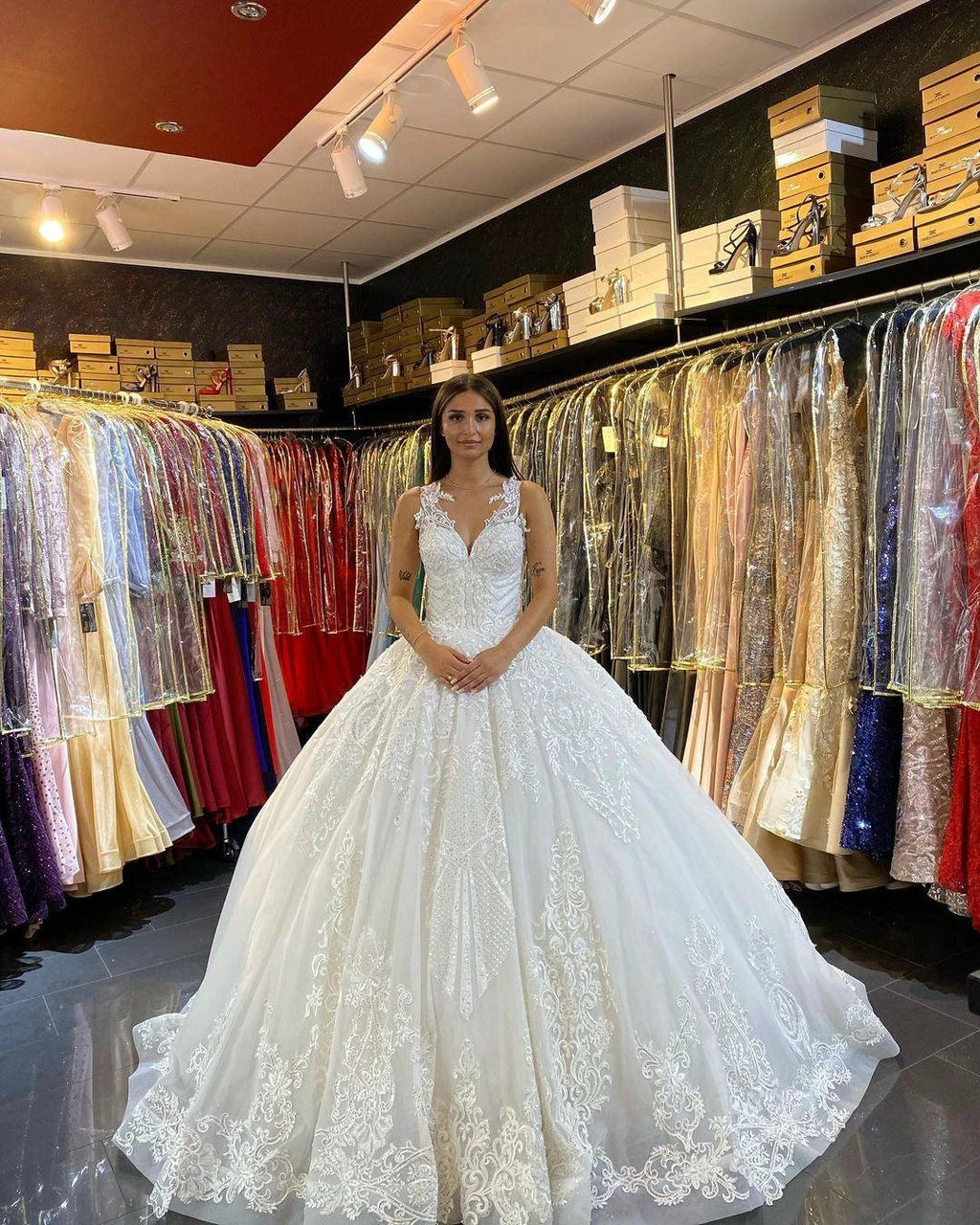 Long Princess V-neck Appliques Lace Backless Wedding Dress