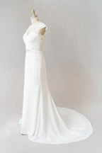 Long Sheath  Illusion Lace Wedding Dress with Cap Sleeve