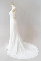 Long Sheath  Illusion Lace Wedding Dress with Cap Sleeve