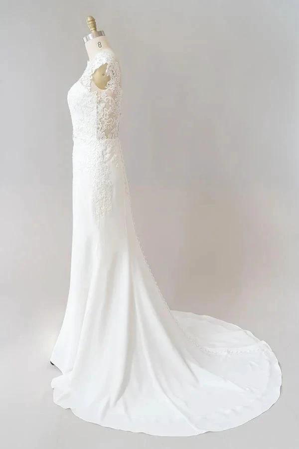 Long Sheath  Illusion Lace Wedding Dress with Cap Sleeve