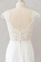 Long Sheath  Illusion Lace Wedding Dress with Cap Sleeve