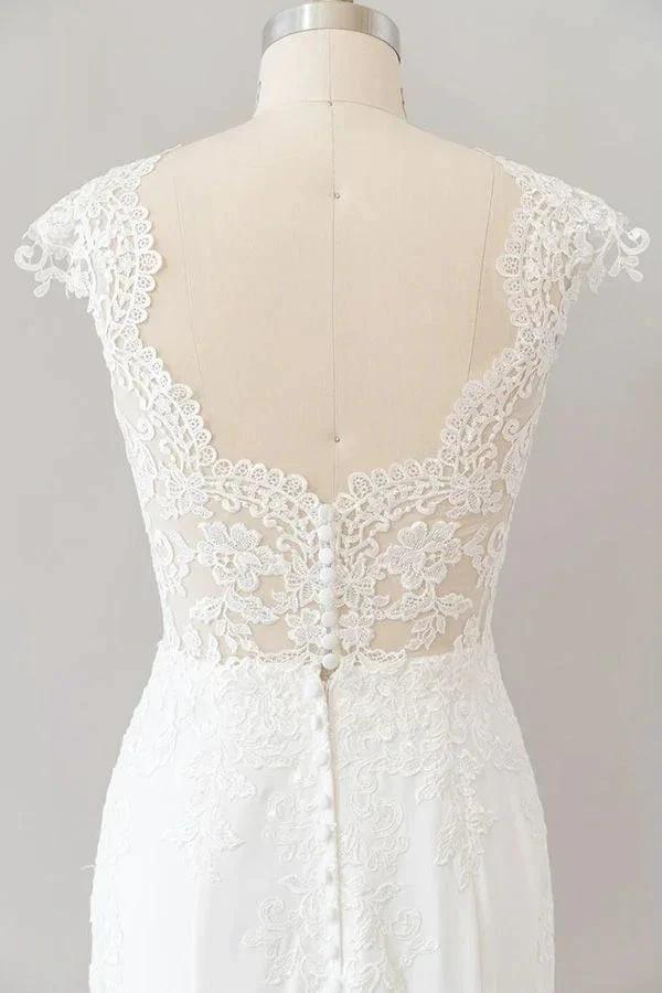 Long Sheath  Illusion Lace Wedding Dress with Cap Sleeve