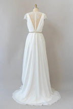 Long Sheath V-neck Lace Chiffon Wedding Dress with Cap Sleeves