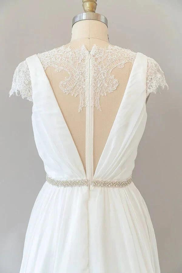 Long Sheath V-neck Lace Chiffon Wedding Dress with Cap Sleeves