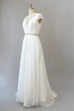 Long Sheath V-neck Lace Chiffon Wedding Dress with Cap Sleeves