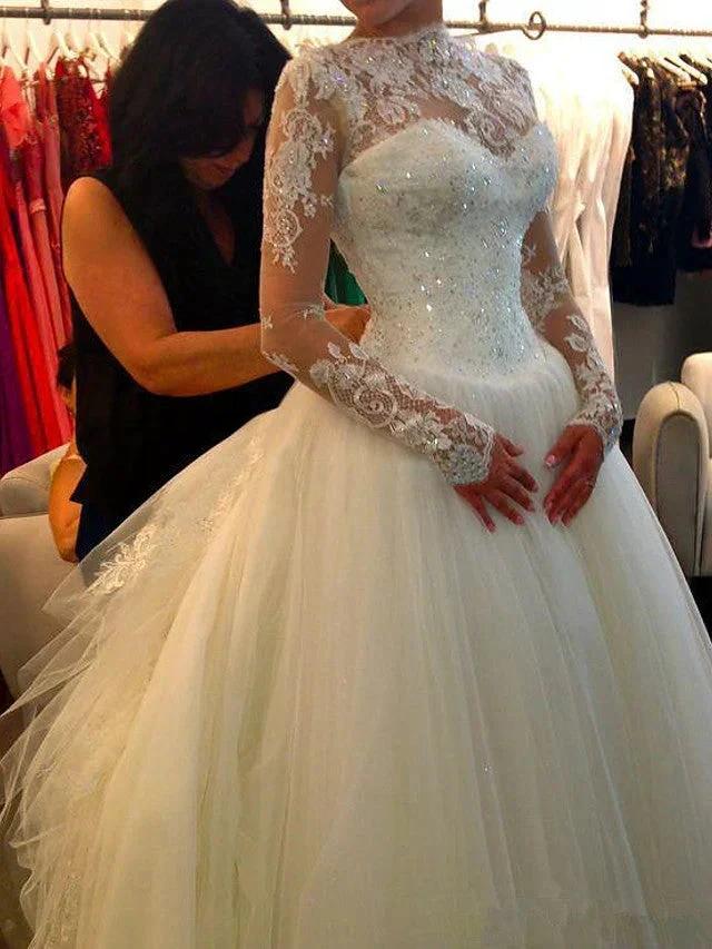 Long Sleeve A-Line Jewel Neck Court Train Lace Tulle Wedding Dresses
