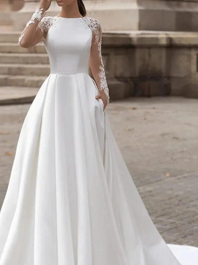 Long Sleeve A-Line Jewel Neck Sweep Brush Train Lace Satin Wedding Dresses with Pockets