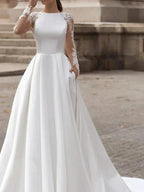 Long Sleeve A-Line Jewel Neck Sweep Brush Train Lace Satin Wedding Dresses with Pockets