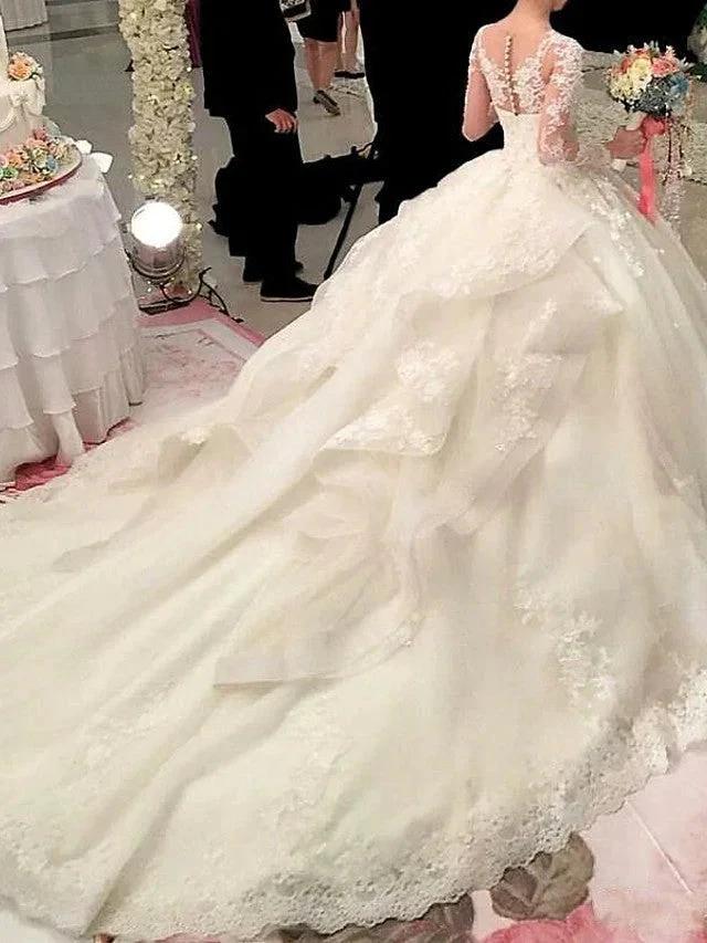 Long Sleeve A-Line Scoop Neck Court Train Organza Wedding Dresses