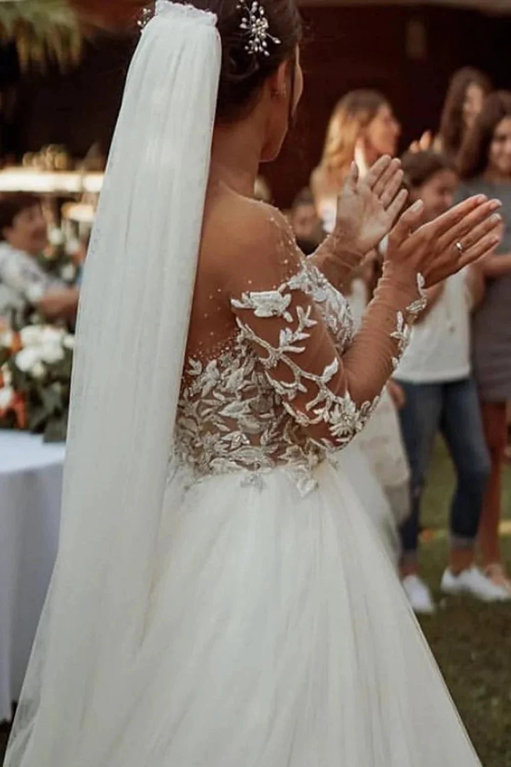 Long Sleeve A-line Sweetheart Tulle Lace Wedding Dress