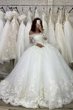 Long Sleeve Ball Gown Off The Shoulder Illusion Wedding Dress