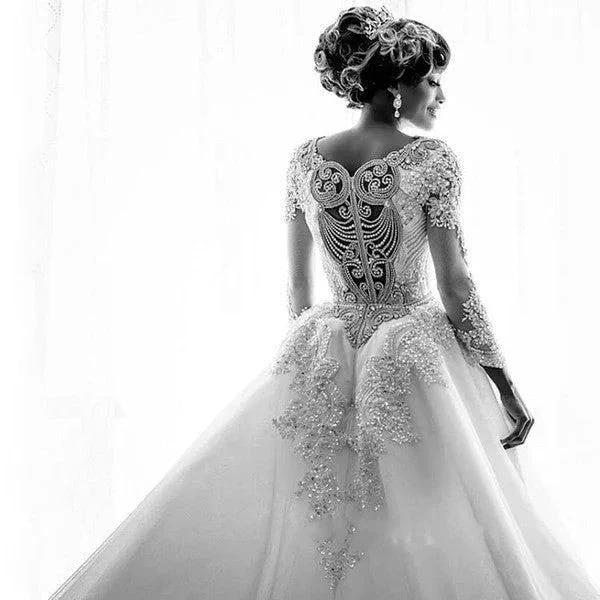 Long Sleeve Mermaid Beads Lace Appliques Wedding Dresses with Overskirt