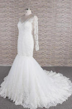 Long Sleeve Mermaid Sweetheart Appliques Lace Backless Wedding Dress
