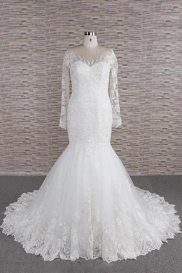 Long Sleeve Mermaid Sweetheart Appliques Lace Backless Wedding Dress