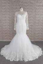 Long Sleeve Mermaid Sweetheart Appliques Lace Backless Wedding Dress