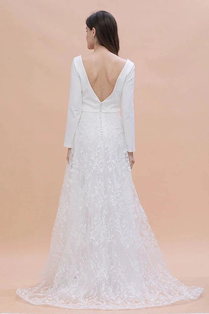 Long Sleeve V-neck Boho Bridal Gowns Satin Backless Lace Wedding Dress