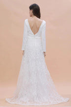 Long Sleeve V-neck Boho Bridal Gowns Satin Backless Lace Wedding Dress