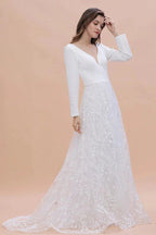 Long Sleeve V-neck Boho Bridal Gowns Satin Backless Lace Wedding Dress