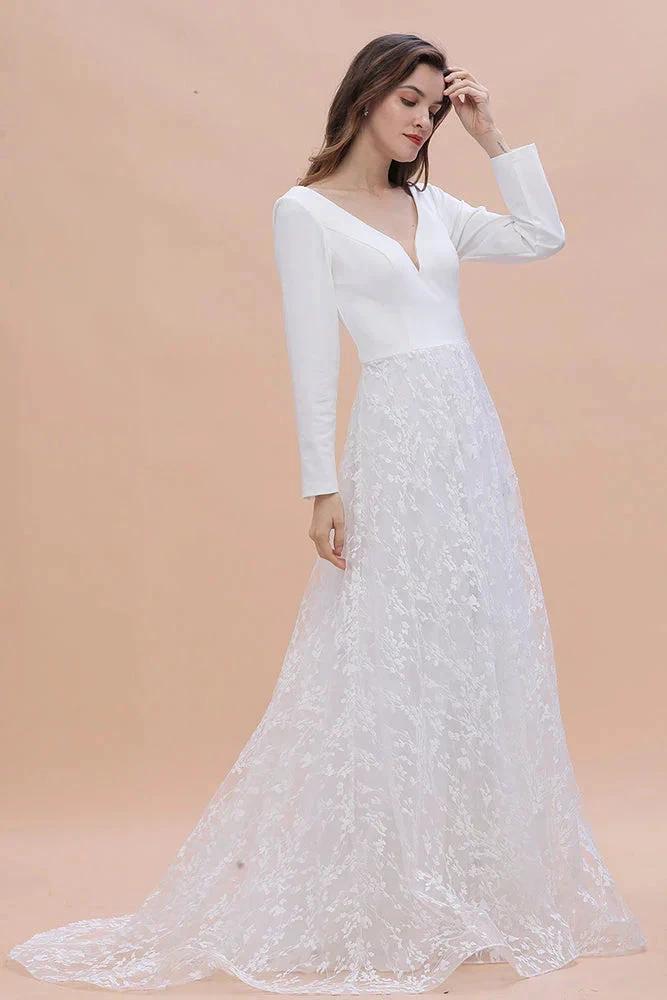 Long Sleeve V-neck Boho Bridal Gowns Satin Backless Lace Wedding Dress
