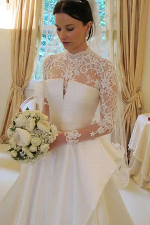 Long Sleeves High Neck Lace Court Train Satin Wedding Dress WD159