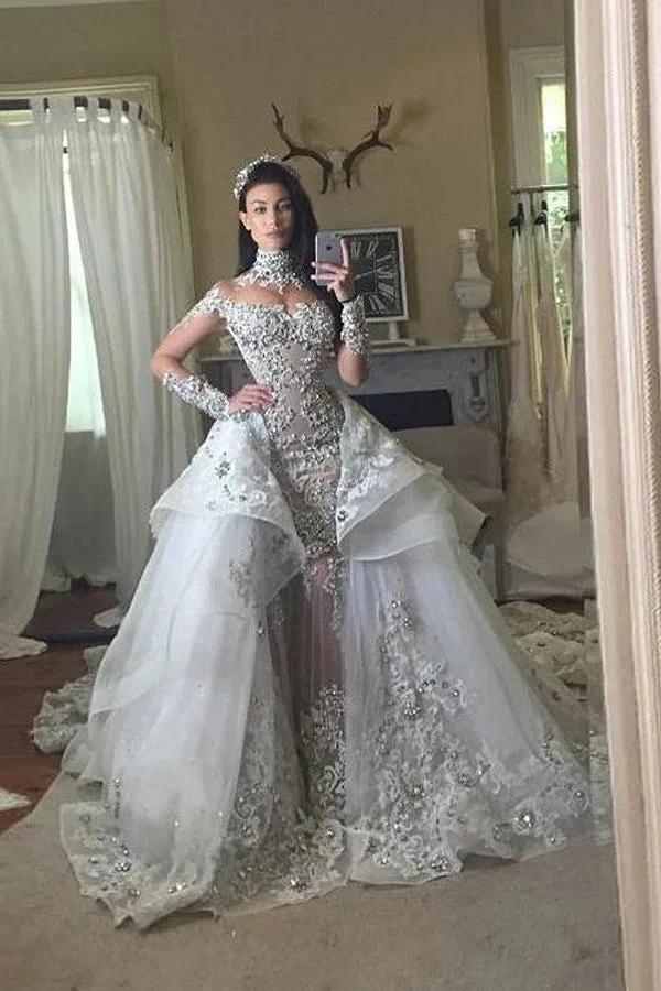 Long Sleeves Tulle High Neck Appliques Lace Wedding Dresses with Detachable Overskirt