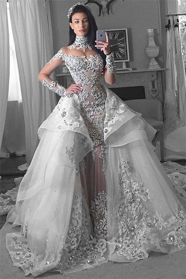 Long Sleeves Tulle High Neck Appliques Lace Wedding Dresses with Detachable Overskirt
