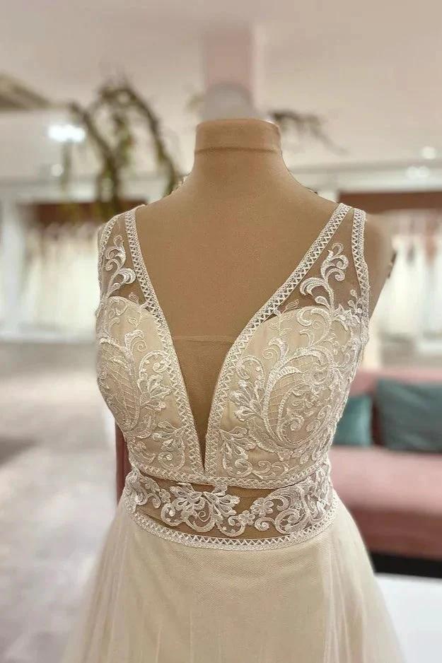 Long Sweetheart A-Line Tulle Appliques Lace Wedding Dress